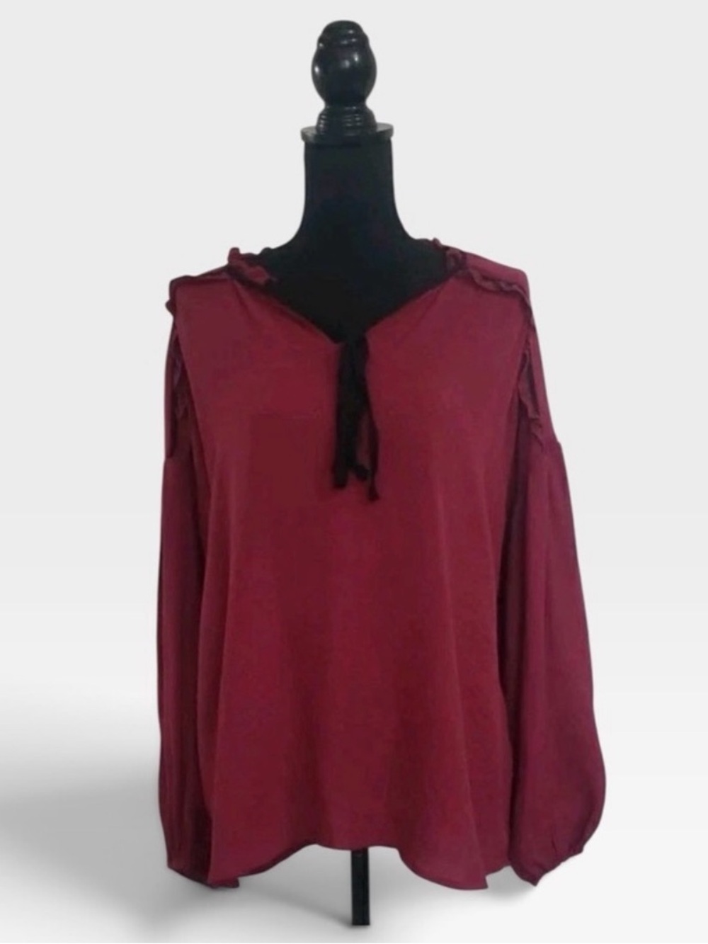Blu Pepper Burgundy Peasant Tie-Neck Blouse